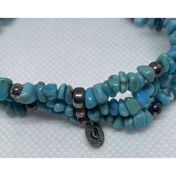 925 Sterling Silver Turquoise Colored Gemstone Chips 3 Stand Bracelet Marked R - Picture 2 of 6